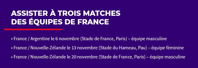 Assister à trois matches des équipes de France] •	France / Argentine le 6 novembre (Stade de France, Paris) – équipe masculine •	France / Nouvelle-Zélande le 13 novembre (Stade du Hameau, Pau) – équipe féminine •	France / Nouvelle-Zélande le 20 novembre (Stade de France, Paris) – équipe masculine