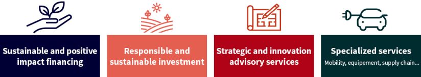 Sustainable and positive impact financing - Responsible and sustainable investment - Strategic and innovation advisory services - Specialized services: Mobility, equipement, supply chain...