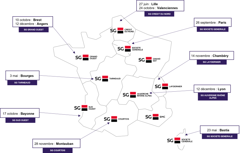 Carte de France avec les régions SG, les dates et lieux des job dating